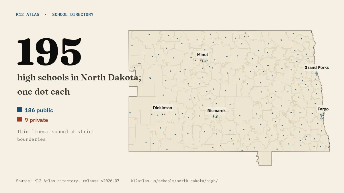 Map of North Dakota with one dot for each of its 194 mapped high schools, over school district boundaries.