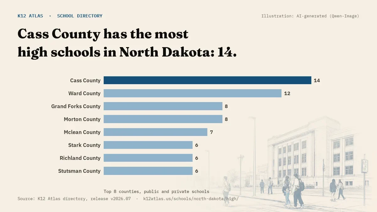 Bar chart of North Dakota counties by number of high schools: Cass County has the most, 14.