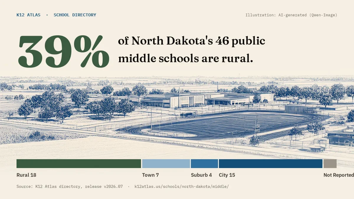 39% of North Dakota's 46 public middle schools are rural (rural 18, town 7, suburb 4, city 15).