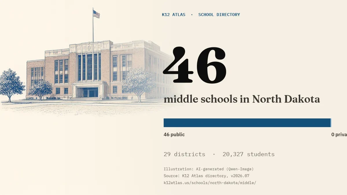 46 middle schools in North Dakota: 46 public and 0 private, across 29 districts with 20,327 students.