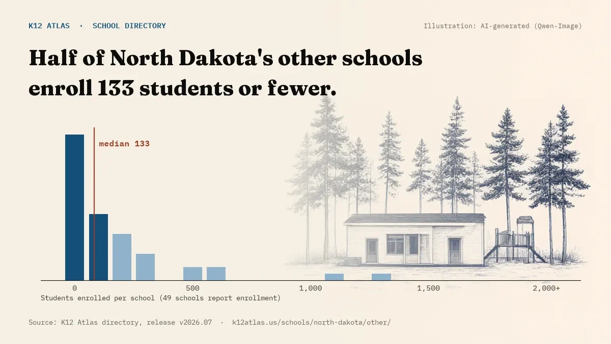 Histogram of enrollment: half of North Dakota's other schools enroll 133 students or fewer (49 schools report enrollment).