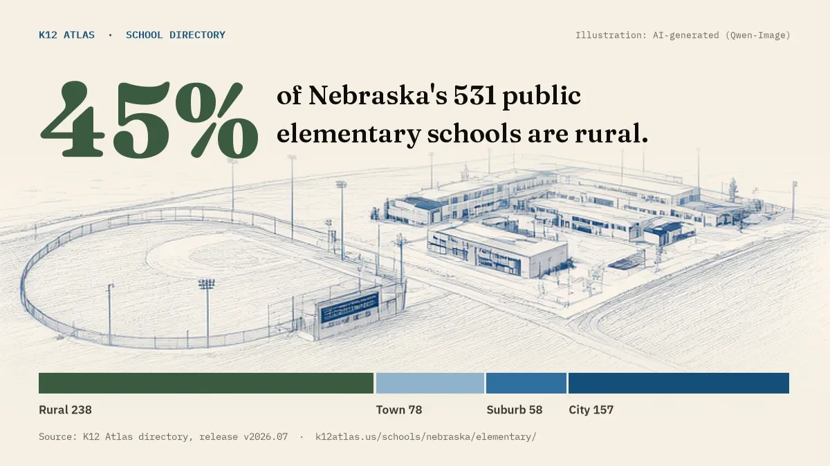45% of Nebraska's 531 public elementary schools are rural (rural 238, town 78, suburb 58, city 157).
