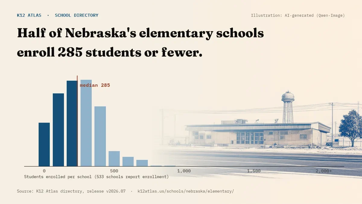 Histogram of enrollment: half of Nebraska's elementary schools enroll 285 students or fewer (533 schools report enrollment).