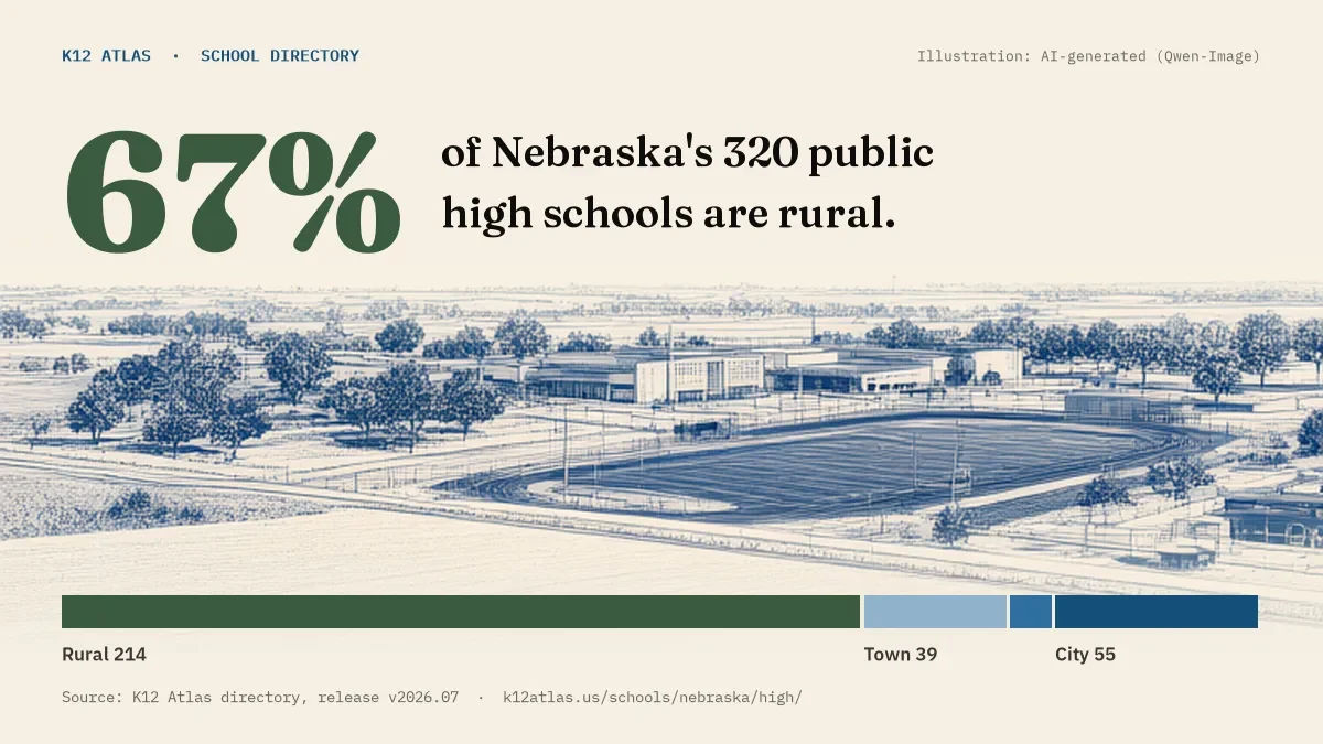67% of Nebraska's 320 public high schools are rural (rural 214, town 39, suburb 12, city 55).