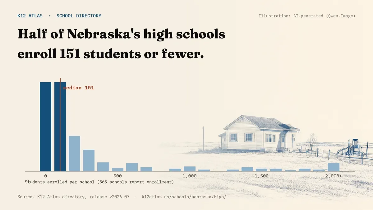 Histogram of enrollment: half of Nebraska's high schools enroll 151 students or fewer (363 schools report enrollment).