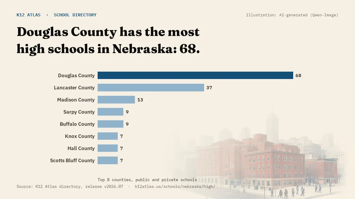 Bar chart of Nebraska counties by number of high schools: Douglas County has the most, 68.