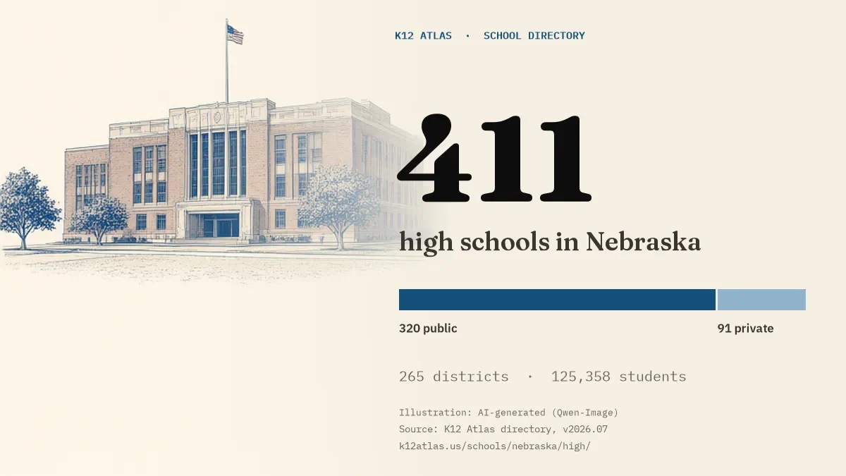 411 high schools in Nebraska: 320 public and 91 private, across 265 districts with 125,358 students.