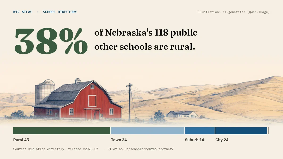 38% of Nebraska's 118 public other schools are rural (rural 45, town 34, suburb 14, city 24).