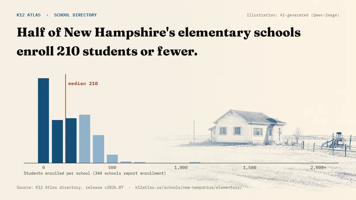 Histogram of enrollment: half of New Hampshire's elementary schools enroll 210 students or fewer (344 schools report enrollment).