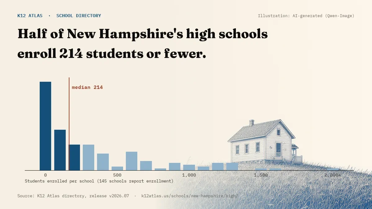 Histogram of enrollment: half of New Hampshire's high schools enroll 214 students or fewer (145 schools report enrollment).