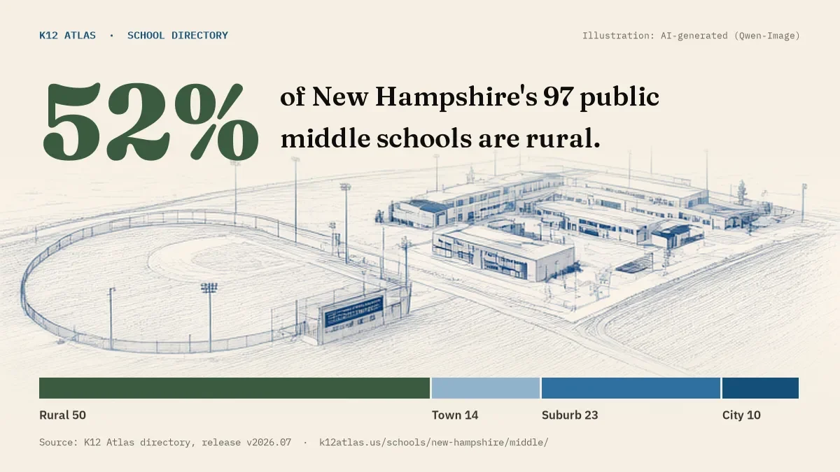 52% of New Hampshire's 97 public middle schools are rural (rural 50, town 14, suburb 23, city 10).