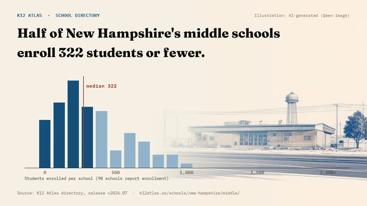 Histogram of enrollment: half of New Hampshire's middle schools enroll 322 students or fewer (98 schools report enrollment).