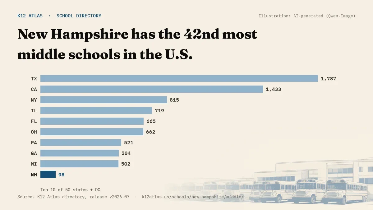 Bar chart of the states with the most middle schools: New Hampshire has the 42nd most of the 50 states and DC, with 98.