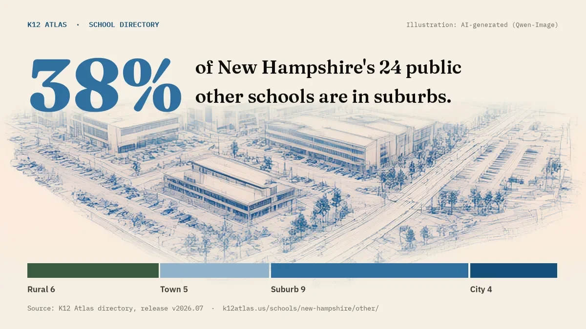 38% of New Hampshire's 24 public other schools are in suburbs (rural 6, town 5, suburb 9, city 4).