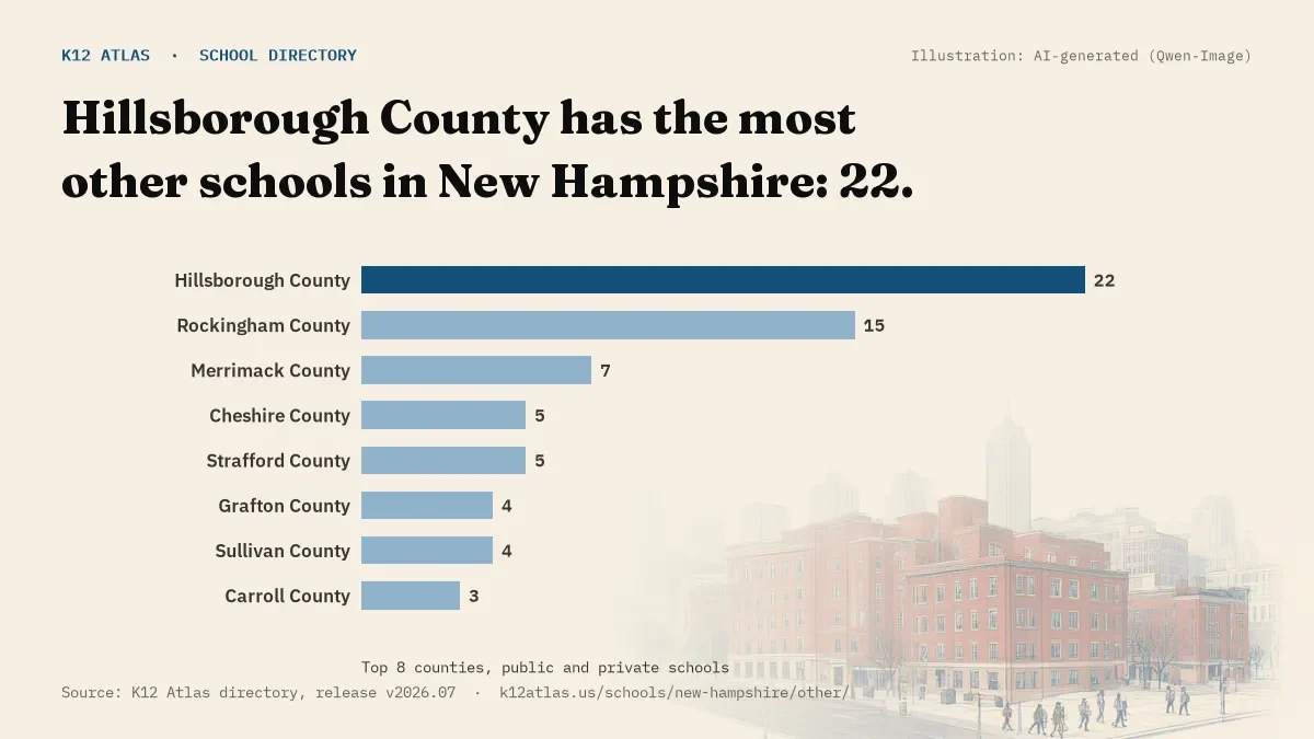 Bar chart of New Hampshire counties by number of other schools: Hillsborough County has the most, 22.