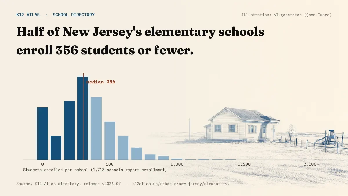 Histogram of enrollment: half of New Jersey's elementary schools enroll 356 students or fewer (1,713 schools report enrollment).