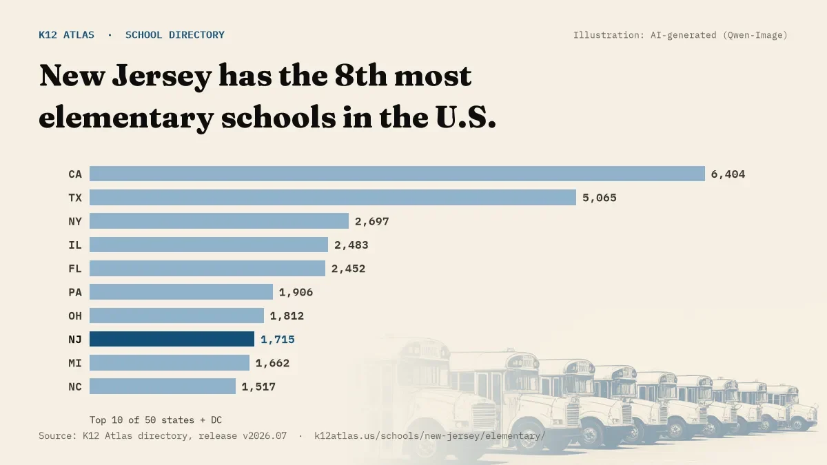 Bar chart of the states with the most elementary schools: New Jersey has the 8th most of the 50 states and DC, with 1,715.
