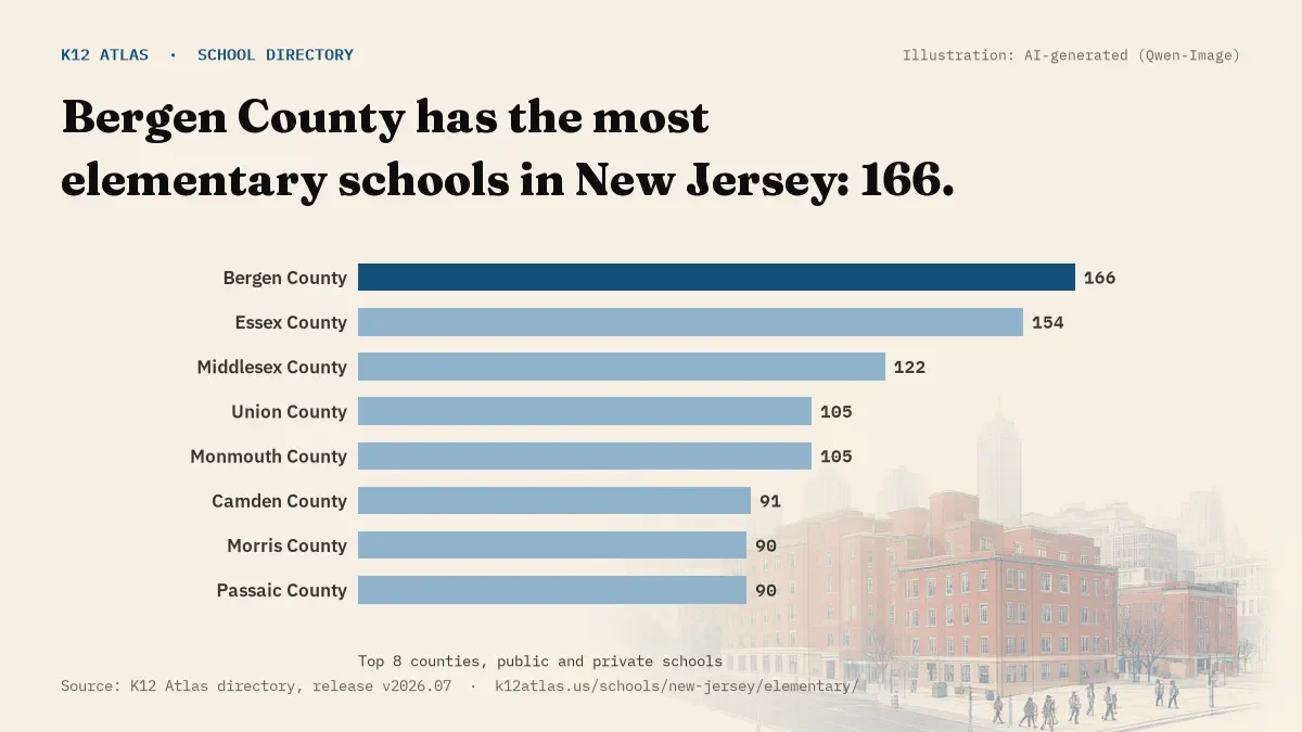 Bar chart of New Jersey counties by number of elementary schools: Bergen County has the most, 166.