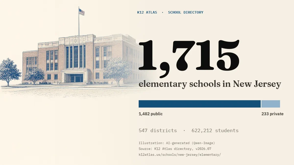 1,715 elementary schools in New Jersey: 1,482 public and 233 private, across 547 districts with 622,212 students.