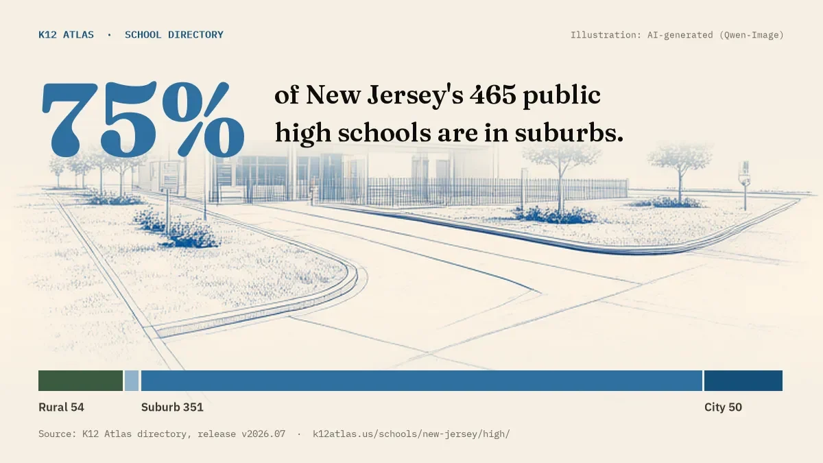 75% of New Jersey's 465 public high schools are in suburbs (rural 54, town 10, suburb 351, city 50).