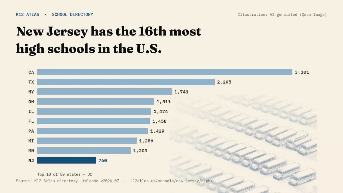 Bar chart of the states with the most high schools: New Jersey has the 16th most of the 50 states and DC, with 760.