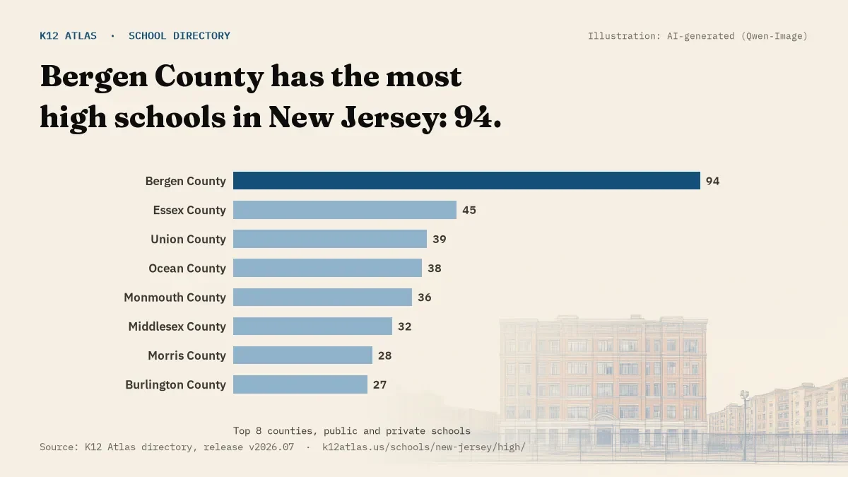 Bar chart of New Jersey counties by number of high schools: Bergen County has the most, 94.