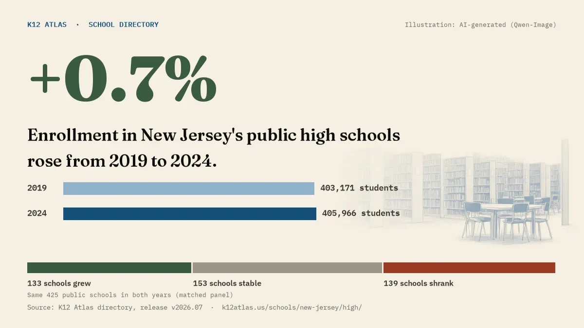 Enrollment in New Jersey's public high schools rose 0.7% from 2019 to 2024, 403,171 to 405,966 students in the same 425 schools; 133 grew and 139 shrank.