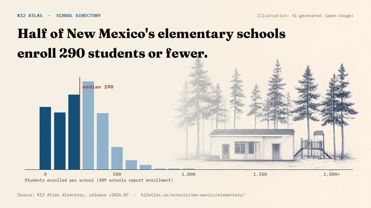 Histogram of enrollment: half of New Mexico's elementary schools enroll 290 students or fewer (489 schools report enrollment).