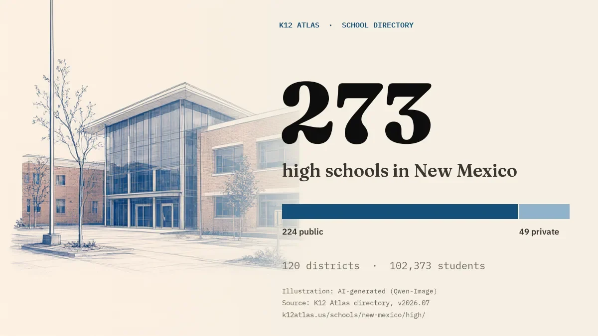 273 high schools in New Mexico: 224 public and 49 private, across 120 districts with 102,373 students.