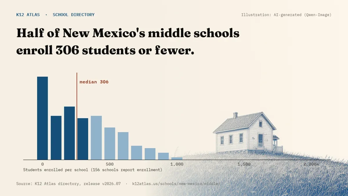 Histogram of enrollment: half of New Mexico's middle schools enroll 306 students or fewer (156 schools report enrollment).