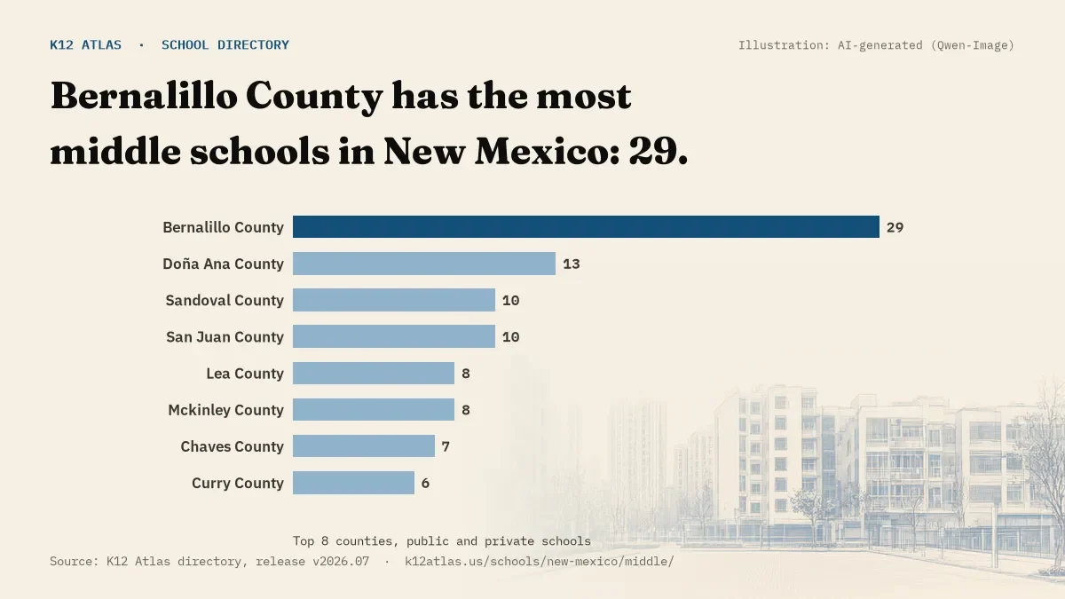Bar chart of New Mexico counties by number of middle schools: Bernalillo County has the most, 29.