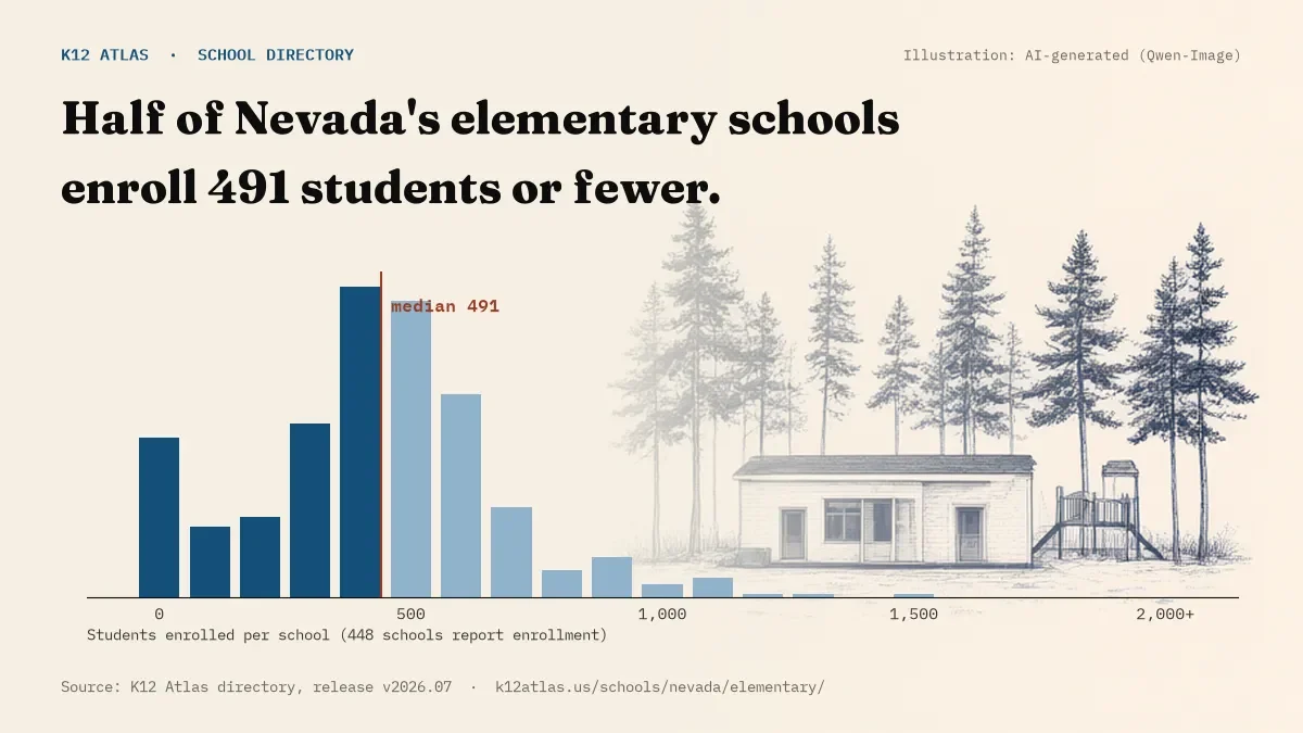 Histogram of enrollment: half of Nevada's elementary schools enroll 491 students or fewer (448 schools report enrollment).