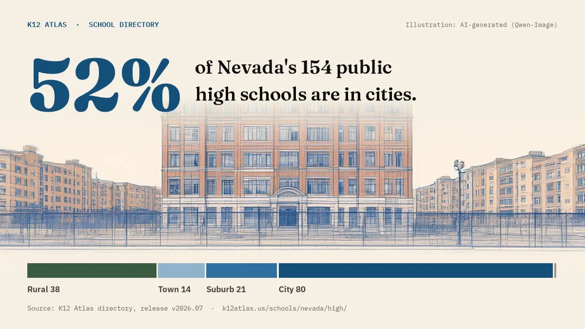 52% of Nevada's 154 public high schools are in cities (rural 38, town 14, suburb 21, city 80).