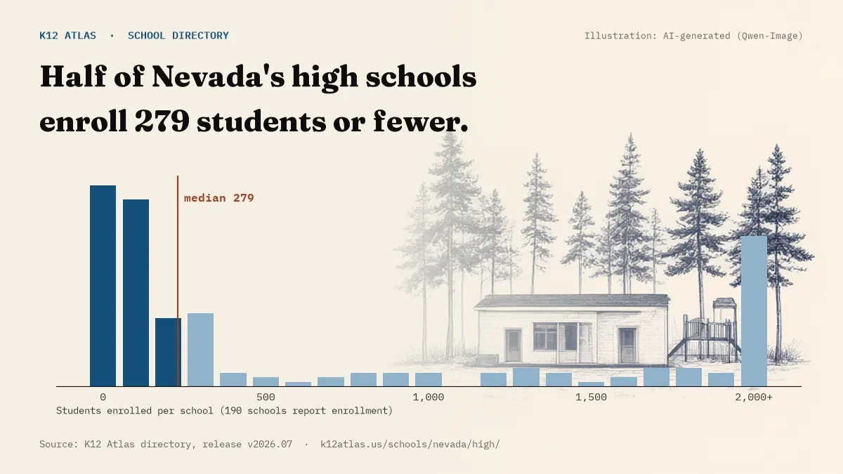 Histogram of enrollment: half of Nevada's high schools enroll 279 students or fewer (190 schools report enrollment).