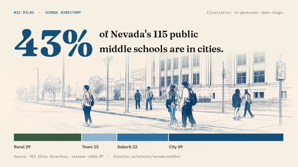 43% of Nevada's 115 public middle schools are in cities (rural 29, town 15, suburb 22, city 49).