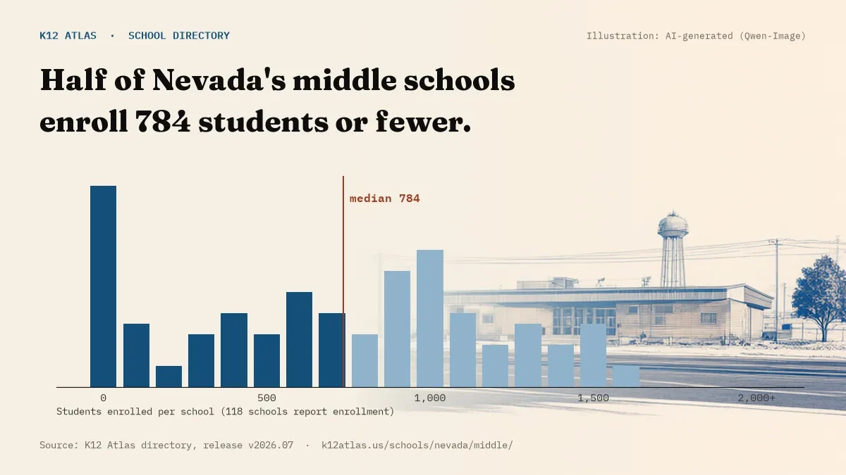 Histogram of enrollment: half of Nevada's middle schools enroll 784 students or fewer (118 schools report enrollment).