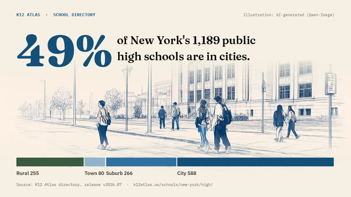 49% of New York's 1,189 public high schools are in cities (rural 255, town 80, suburb 266, city 588).