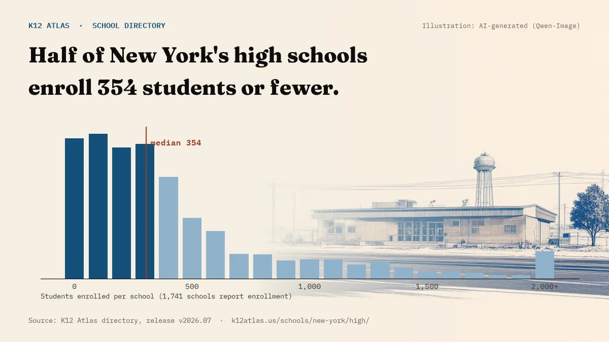 Histogram of enrollment: half of New York's high schools enroll 354 students or fewer (1,741 schools report enrollment).