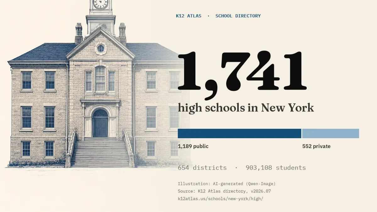 1,741 high schools in New York: 1,189 public and 552 private, across 654 districts with 903,108 students.