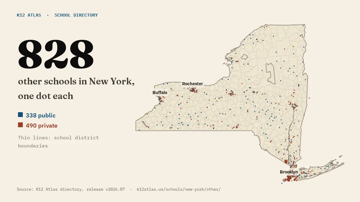 Map of New York with one dot for each of its 828 mapped other schools, over school district boundaries.