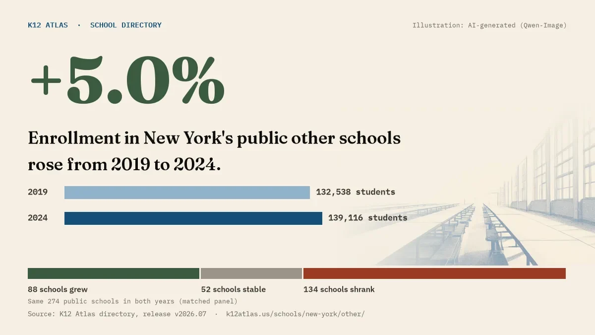 Enrollment in New York's public other schools rose 5.0% from 2019 to 2024, 132,538 to 139,116 students in the same 274 schools; 88 grew and 134 shrank.