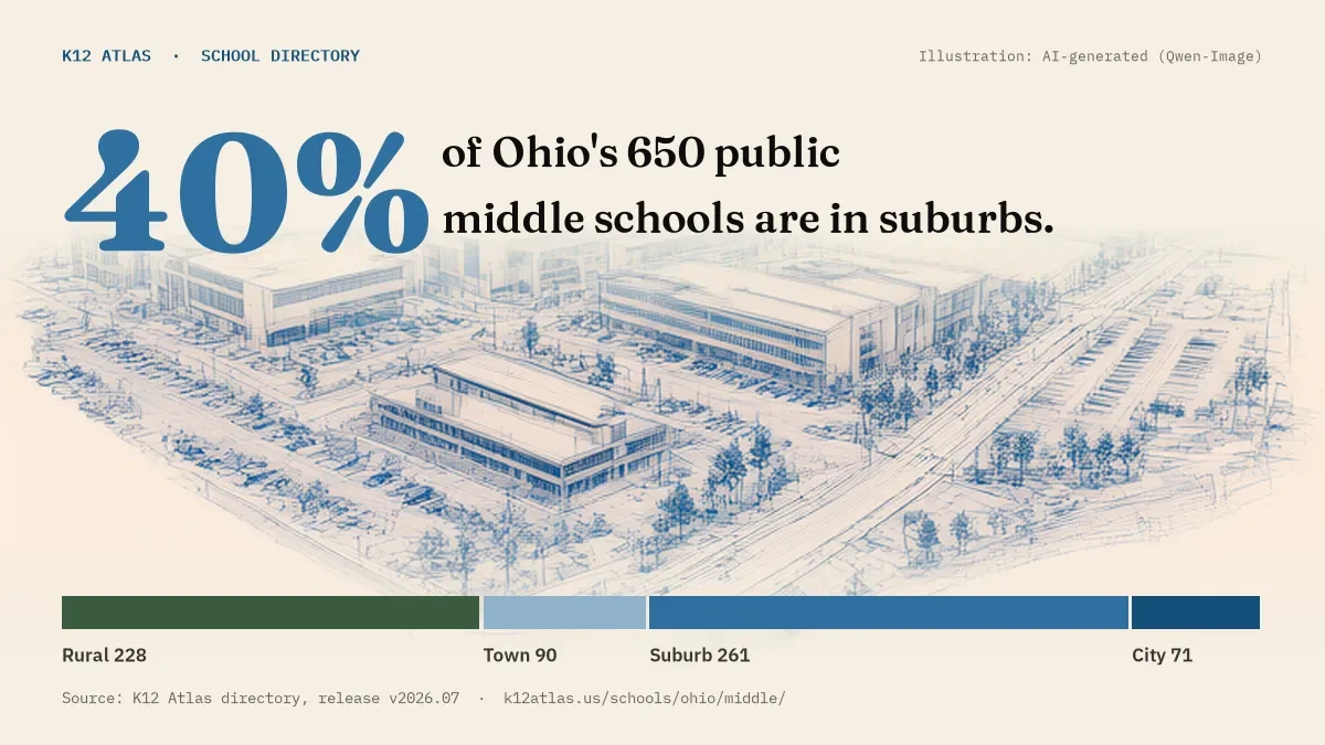 40% of Ohio's 650 public middle schools are in suburbs (rural 228, town 90, suburb 261, city 71).