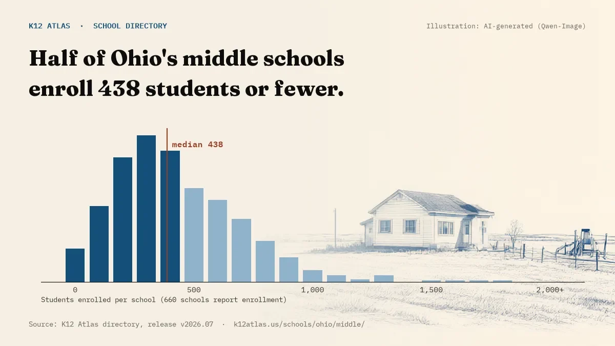 Histogram of enrollment: half of Ohio's middle schools enroll 438 students or fewer (660 schools report enrollment).