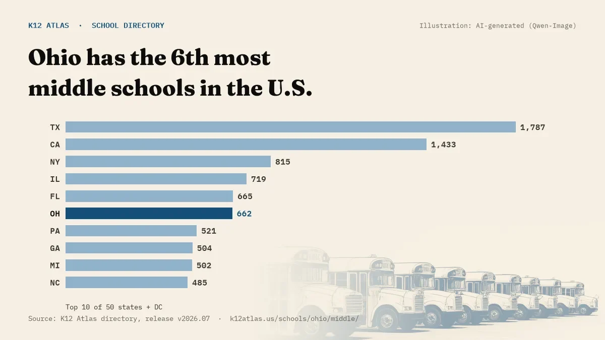 Bar chart of the states with the most middle schools: Ohio has the 6th most of the 50 states and DC, with 662.