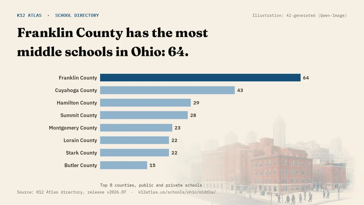 Bar chart of Ohio counties by number of middle schools: Franklin County has the most, 64.
