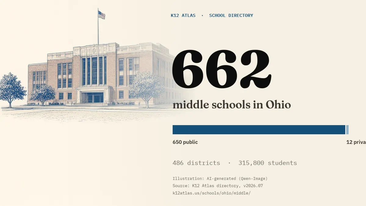 662 middle schools in Ohio: 650 public and 12 private, across 486 districts with 315,800 students.