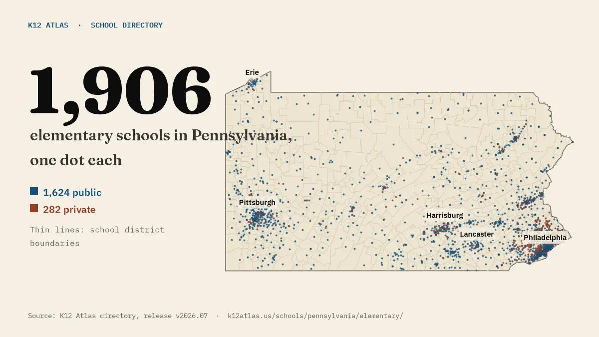 Map of Pennsylvania with one dot for each of its 1,906 mapped elementary schools, over school district boundaries.