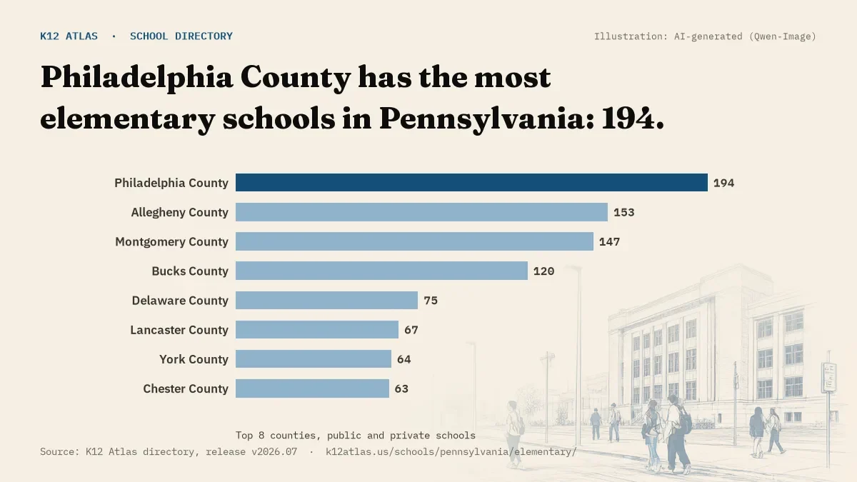 Bar chart of Pennsylvania counties by number of elementary schools: Philadelphia County has the most, 194.