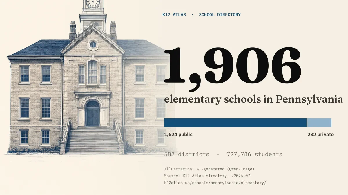 1,906 elementary schools in Pennsylvania: 1,624 public and 282 private, across 582 districts with 727,786 students.