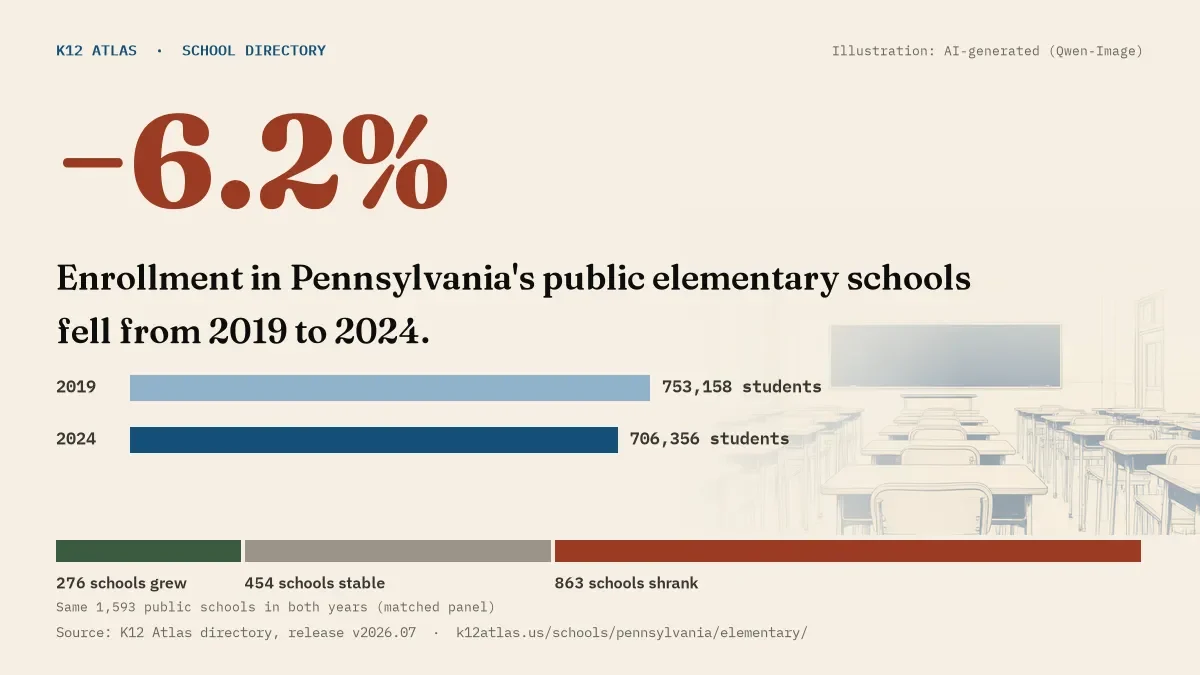 Enrollment in Pennsylvania's public elementary schools fell 6.2% from 2019 to 2024, 753,158 to 706,356 students in the same 1,593 schools; 276 grew and 863 shrank.